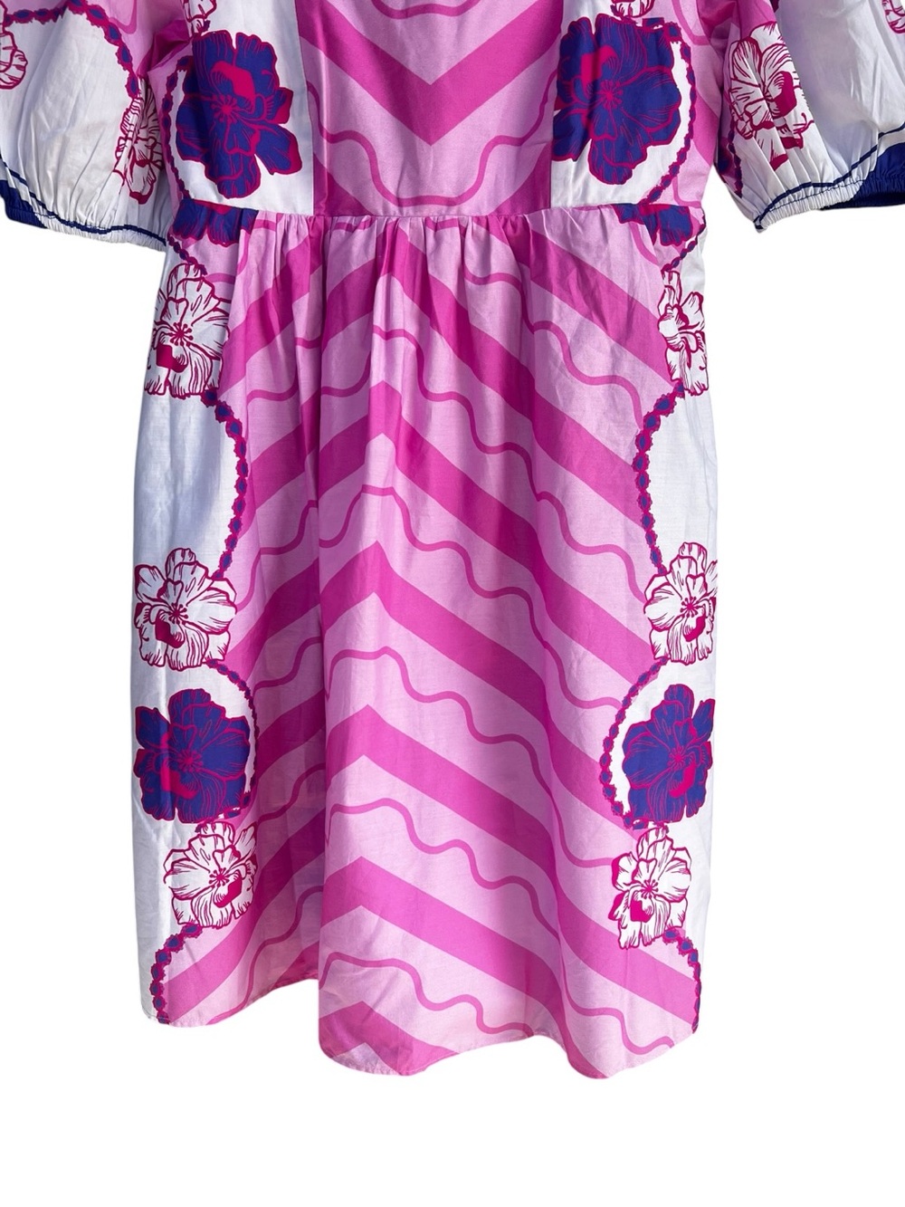 Celina Moon Pink Chevron Floral Border Mini Dress Puff Sleeve Square Neck S NWT - Picture 4 of 12